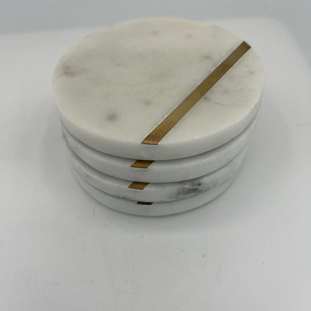 Cork & Mill Marble Coasters Set of 4 White Marble Gold Brass Bar Contemporary